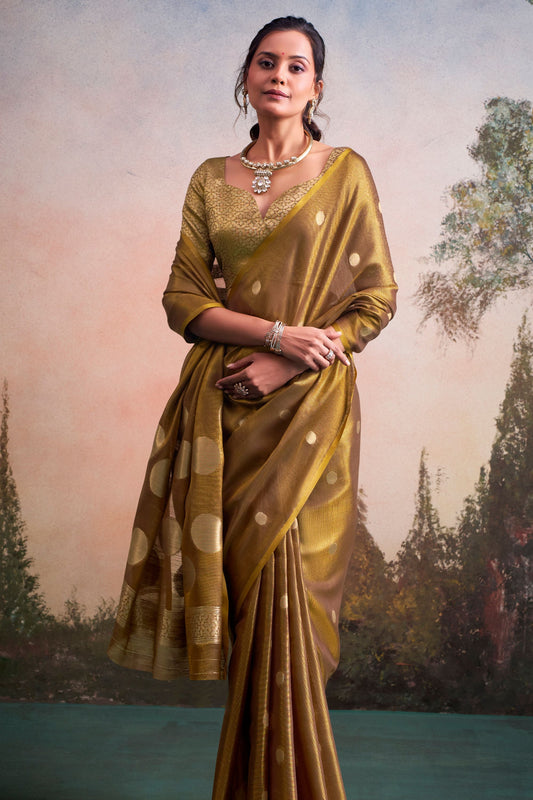 Rich Golden Brown Silk Saree Zari Polka Dot Weaving Designer Saree