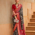 Black and Red Printed Linen Silk Saree with Designer Border