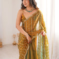 Luxury Mustard Gold Organza Silk Saree Zari Embroidery Designer Blouse