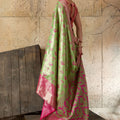 Green Banarasi Silk Saree Pink Zari Border Floral Weaving Saree