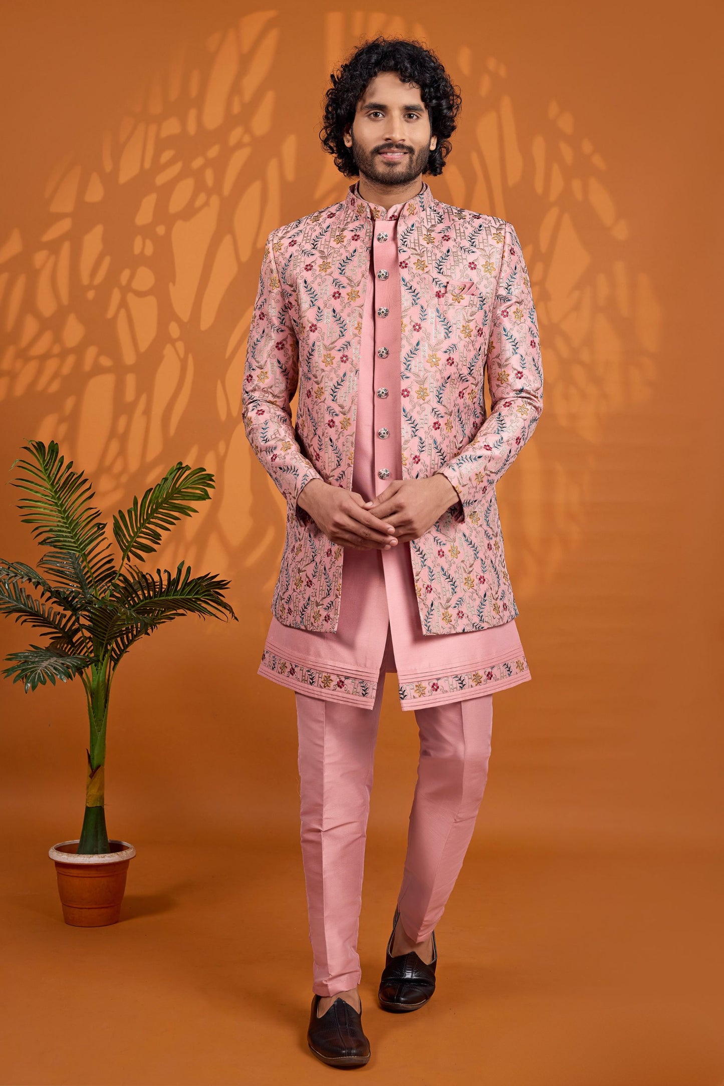 Lovely Pink Floral Printed Indo Western Sherwani for Men With Designer Jacket