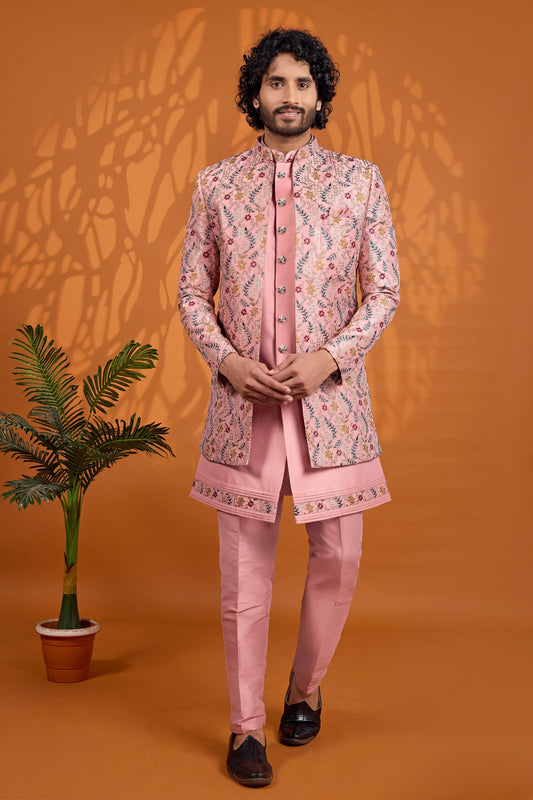 Lovely Pink Floral Printed Indo Western Sherwani for Men With Designer Jacket