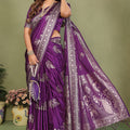Royal Purple Banarasi Silk Saree with Rich Silver Zari Weaving Blouse Piece