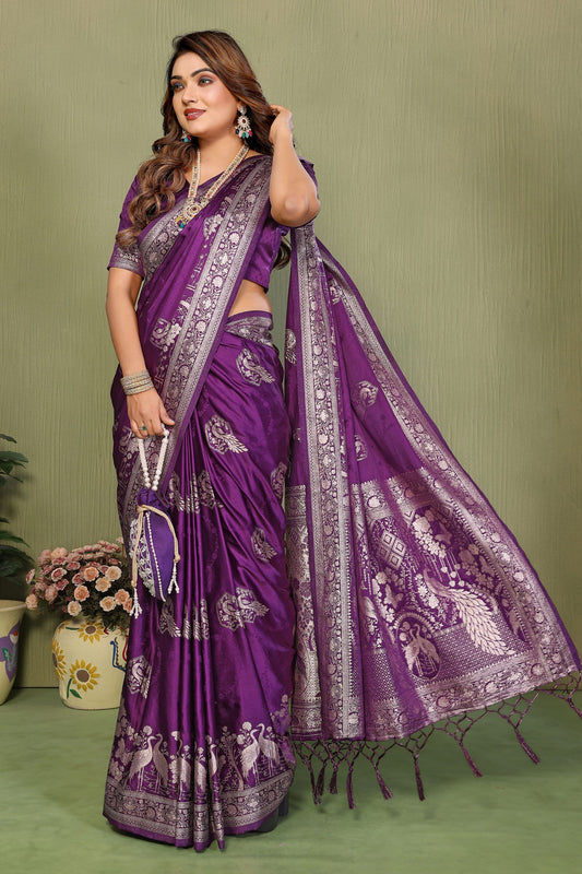 Royal Purple Banarasi Silk Saree with Rich Silver Zari Weaving Blouse Piece