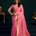Pink Soft Silk Saree with Floral Embroidery Gold Zari Border