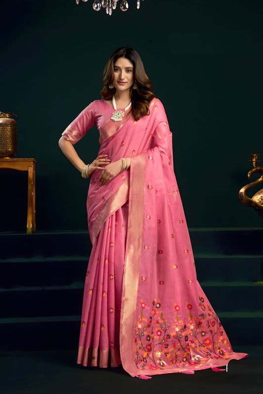 Pink Soft Silk Saree with Floral Embroidery Gold Zari Border