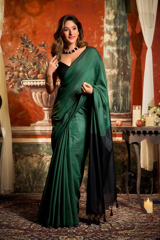 Dark Green and Black Dual Tone Silk Saree with Minimal Design