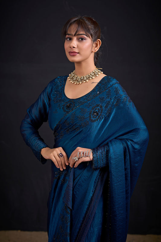 Teal Blue Embroidered Silk Saree with Designer Blouse