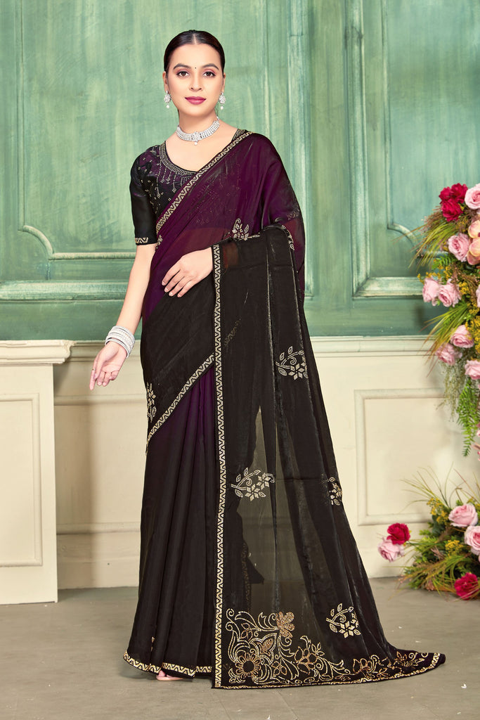  Black Purple Velvet Saree and Contrast Pallu Festive Wear
