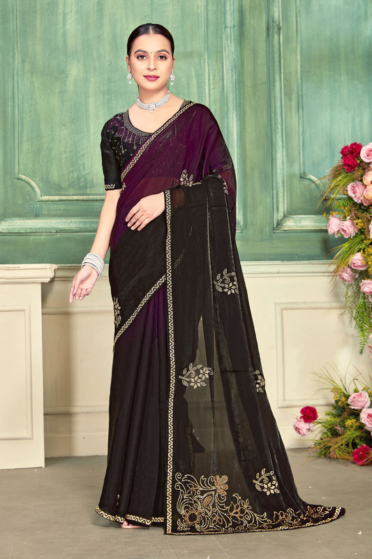  Black Purple Velvet Saree and Contrast Pallu Festive Wear