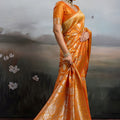 Luxury Orange Banarasi Silk Saree Rich Gold Zari Weaving Traditional Motifs