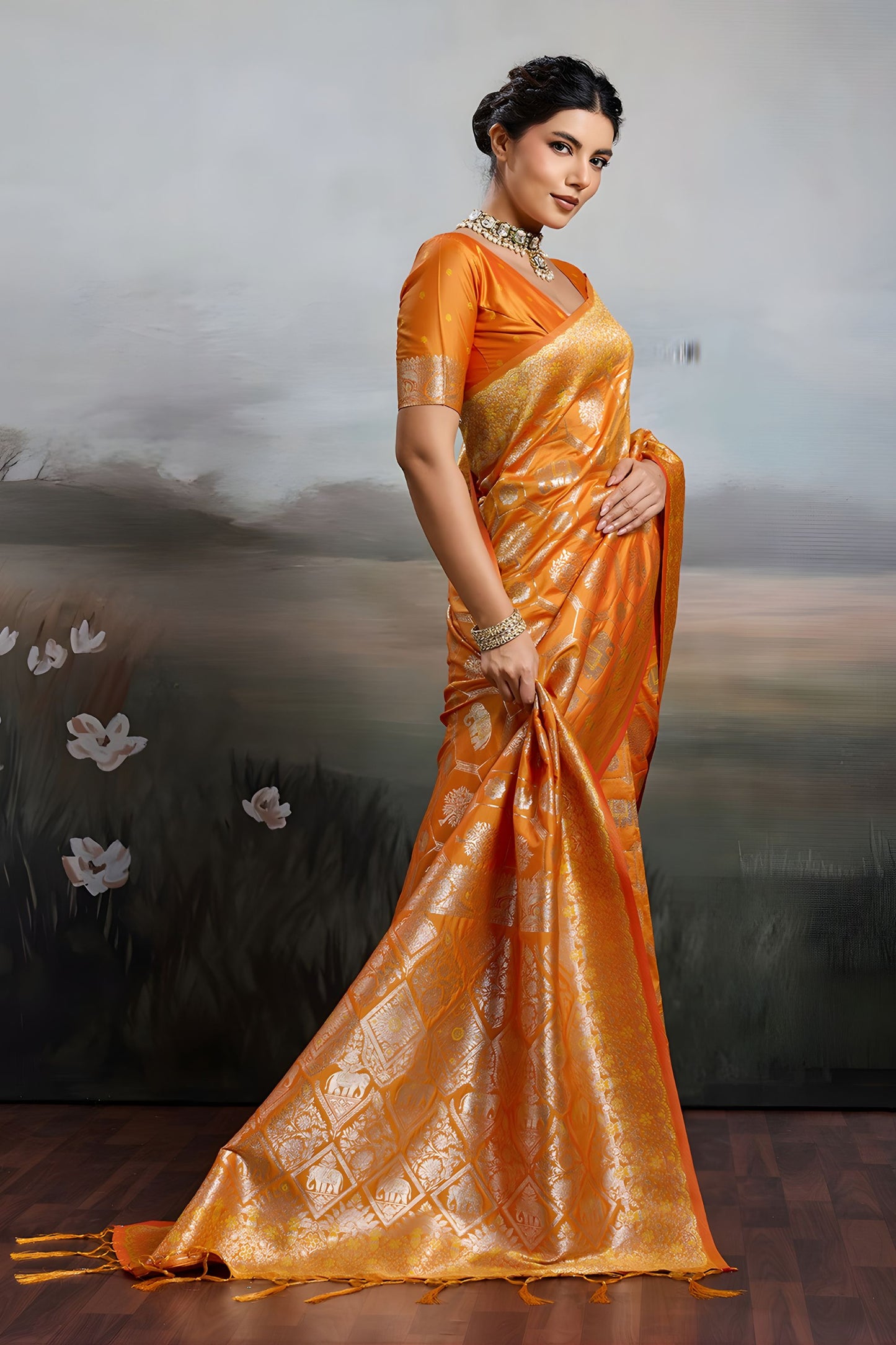 Luxury Orange Banarasi Silk Saree Rich Gold Zari Weaving Traditional Motifs