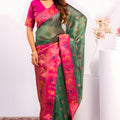 Green Paithani Silk Saree with Pink Zari Border and Traditional