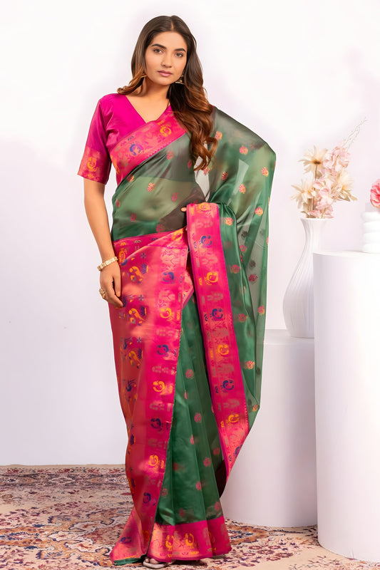 Green Paithani Silk Saree with Pink Zari Border and Traditional