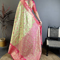 Pista Green Pink Kanjivaram Silk Saree Traditional Zari Woven Saree