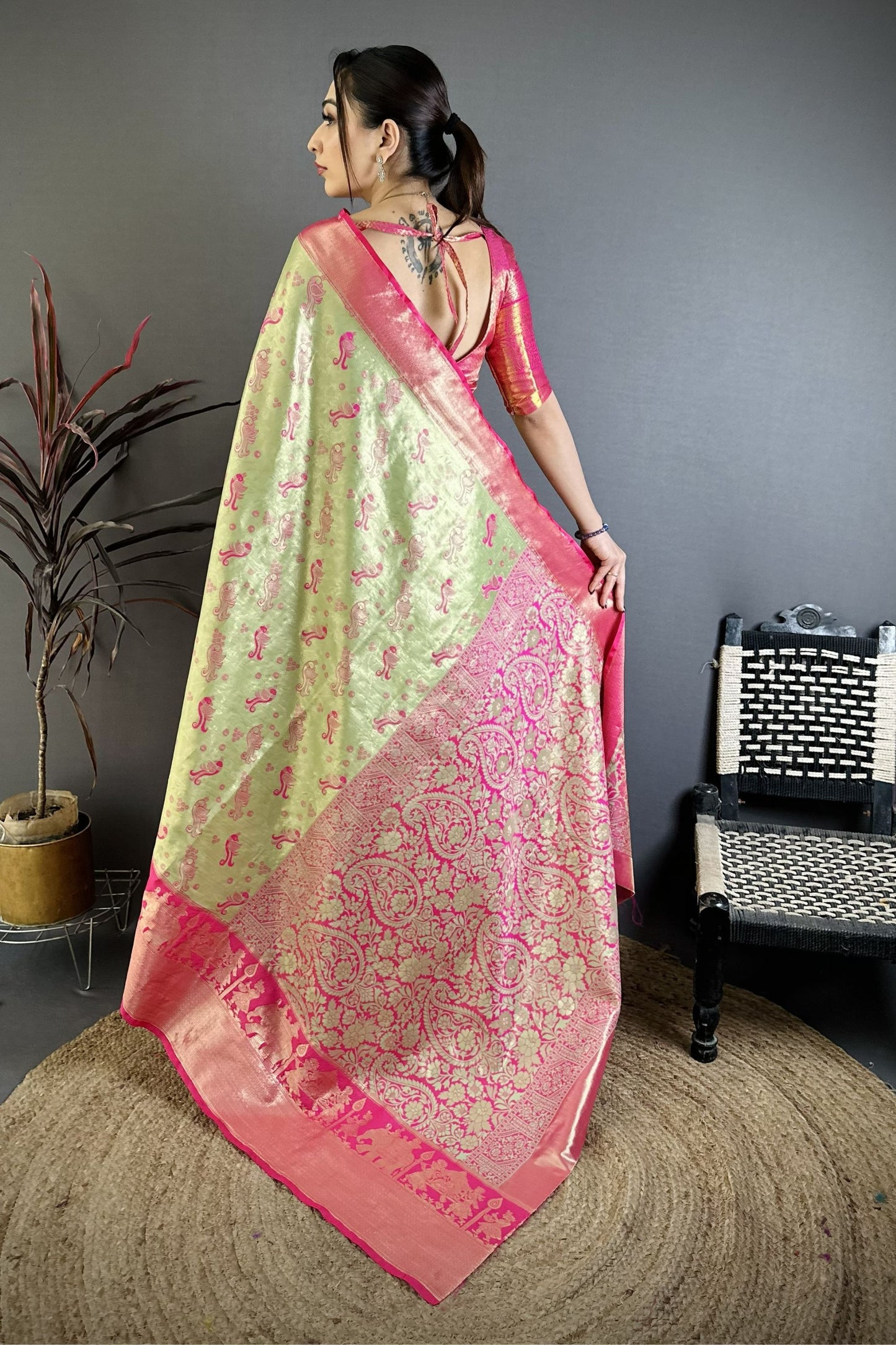 Pista Green Pink Kanjivaram Silk Saree Traditional Zari Woven Saree
