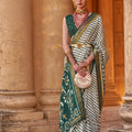  Green White Patola Silk Saree Traditional Ikat Print Zari Border 