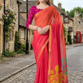  Pink Linen Cotton Saree with Abstract Print Pallu Designer Blouse 