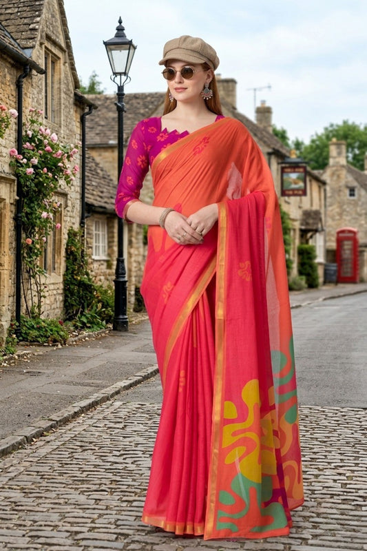 Pink Linen Cotton Saree with Abstract Print Pallu Designer Blouse 