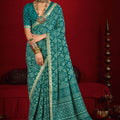 Teal Bandhej Print Designer Saree Matching Blouse Festive Wear