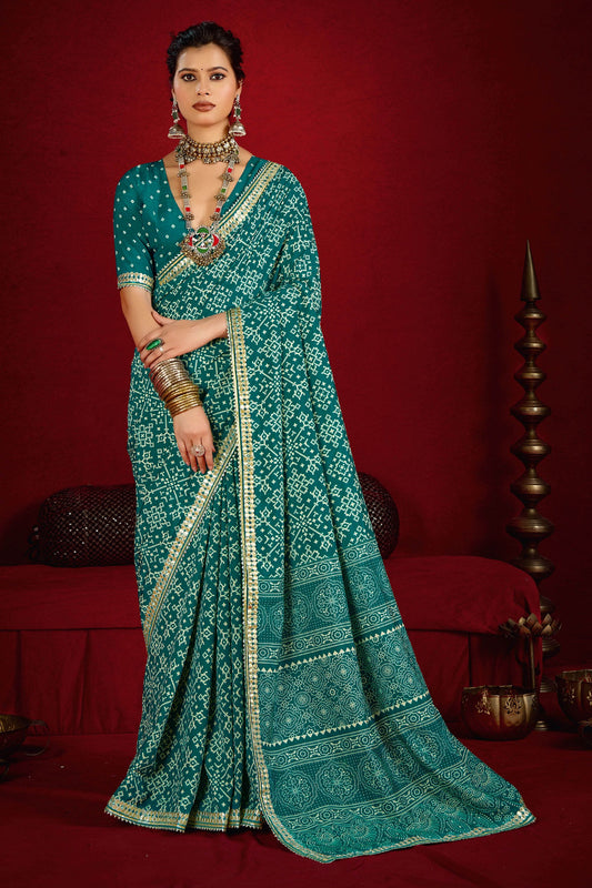 Teal Bandhej Print Designer Saree Matching Blouse Festive Wear