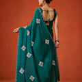 Teal Green Embroidered Georgette Saree Floral Motifs Designer Border