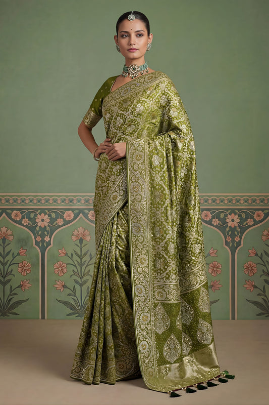 Olive Green Heavy Embroidered Banarasi Silk Saree