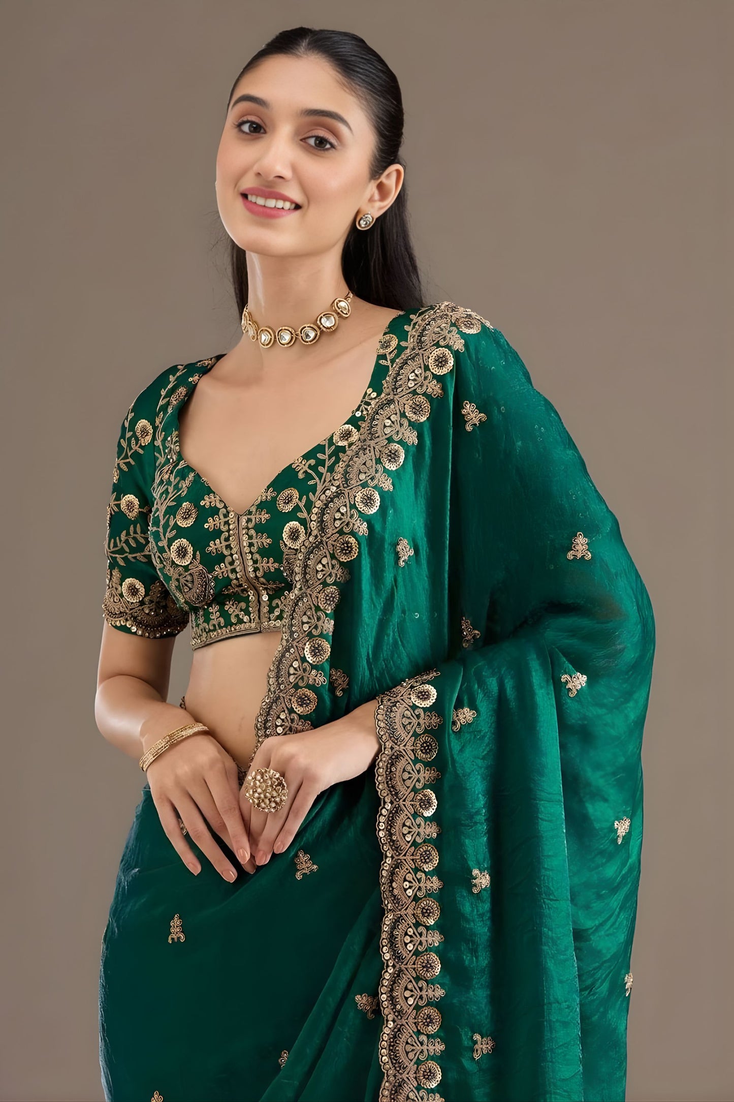 Green Silk Saree Heavy Zari Embroidered Border Designer Blouse