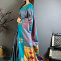 Teal Blue Soft Silk Saree with Contrast Designer Pallu and Zari Work