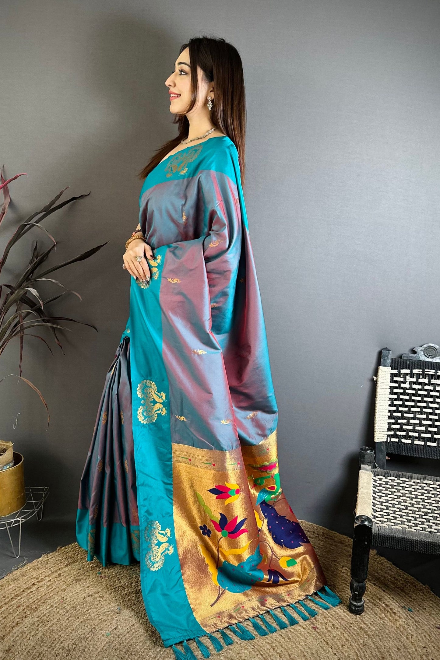 Teal Blue Soft Silk Saree with Contrast Designer Pallu and Zari Work