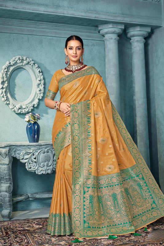 Mustard Banarasi Silk Saree with Green Zari Designer Contrast Border