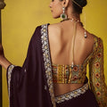 Wine Purple Georgette Saree Embroidered Border Designer Blouse
