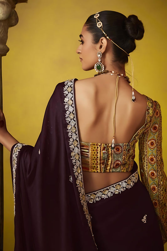 Wine Purple Georgette Saree Embroidered Border Designer Blouse