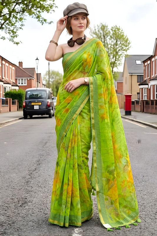 Lime Green Floral Printed Saree Border Casual Wear Saree