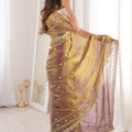 Copper Brown Organza Silk Saree Golden Thread Embroidery Designer Blouse