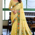 Lemon Yellow Linen Cotton Printed Saree with Floral Border and Blouse 