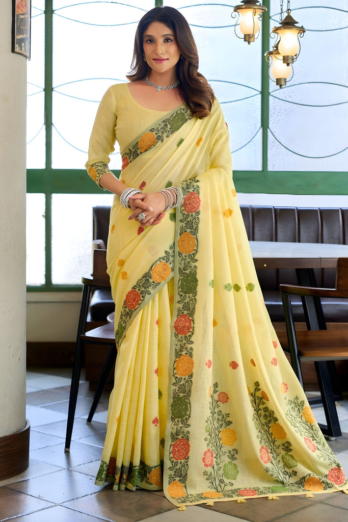Lemon Yellow Linen Cotton Printed Saree with Floral Border and Blouse 