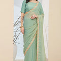 Mint Green Designer Saree Multicolor Embroidered Border Ready To Wear