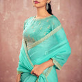 Sea Green Georgette Saree Golden Embroidered Border Designer Blouse
