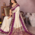 Cream Banarasi Silk Saree with Purple Zari Woven Border Rich Pallu