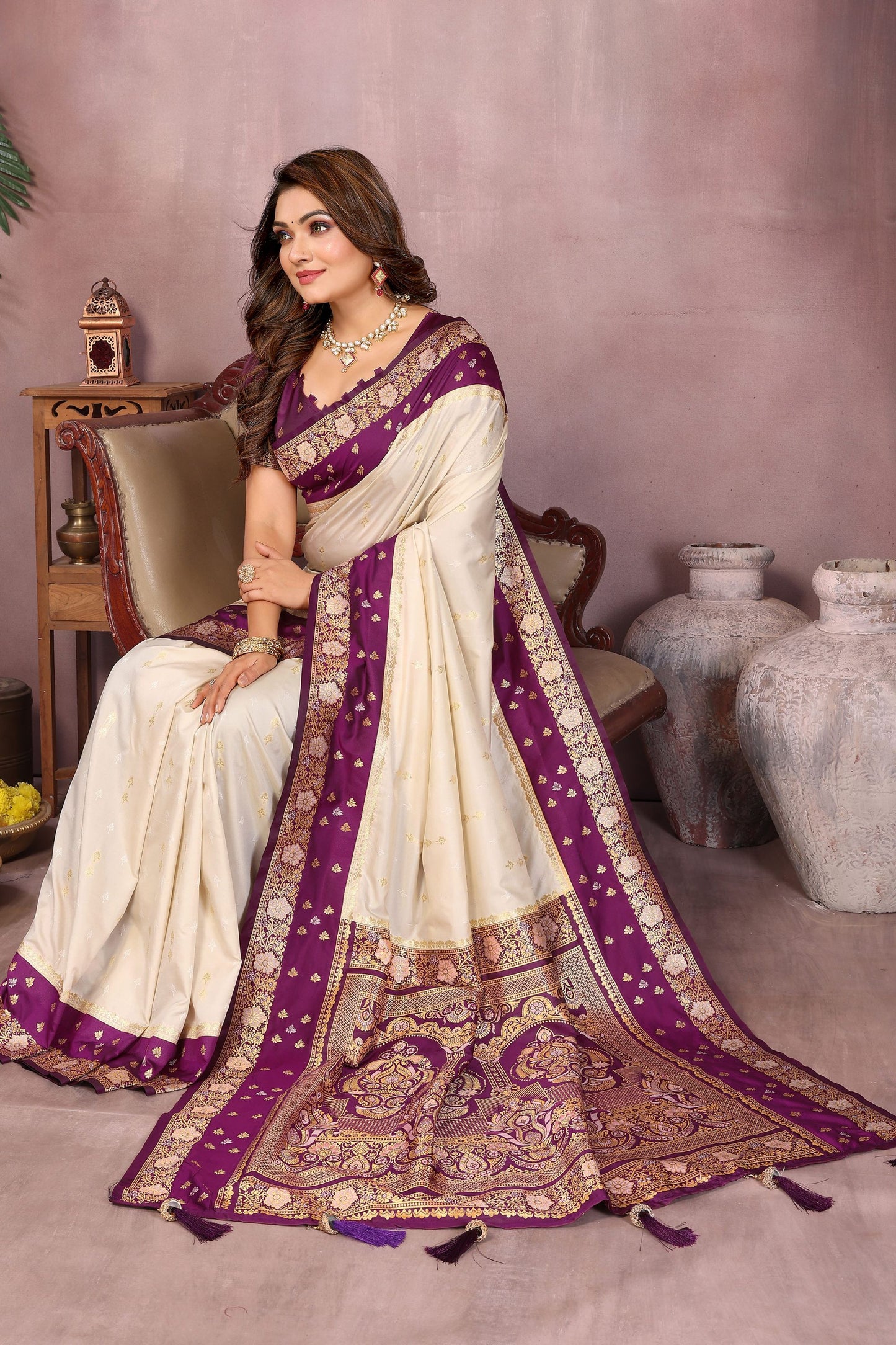 Cream Banarasi Silk Saree with Purple Zari Woven Border Rich Pallu