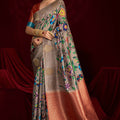 Grey Banarasi Silk Saree with Multicolor Rich Copper Zari Pallu
