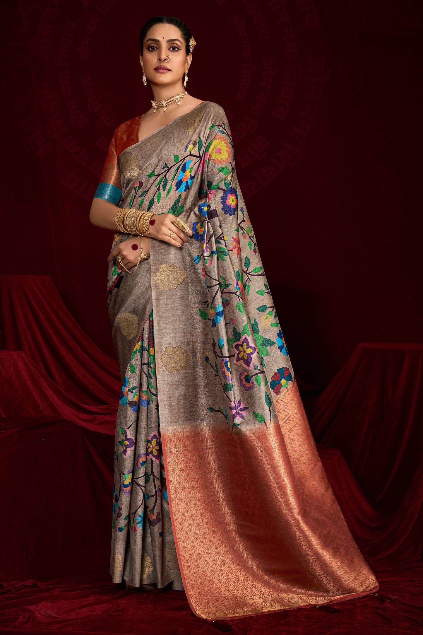 Grey Banarasi Silk Saree with Multicolor Rich Copper Zari Pallu