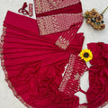 Rani Pink Designer Saree Heavy Embroidered Jacket Golden Border