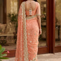 Peach Net Saree Heavy Pearl Sequins Embroidery Border