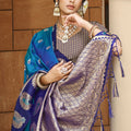 Teal Blue Navy Banarasi Silk Saree Silver Zari Peacock Motifs Saree