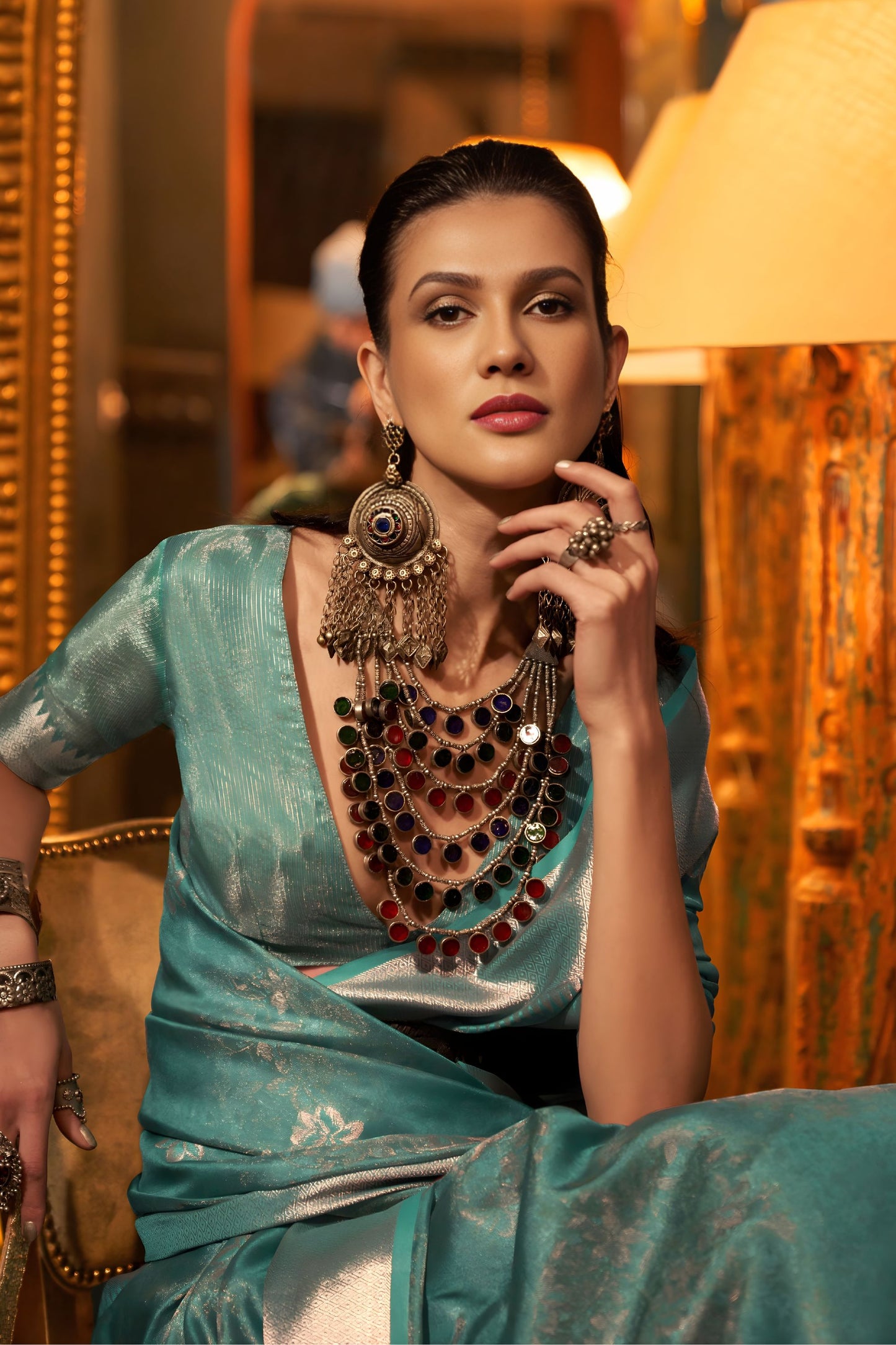 Designer Teal Green Organza Saree with Silver Zari Weaving Saree