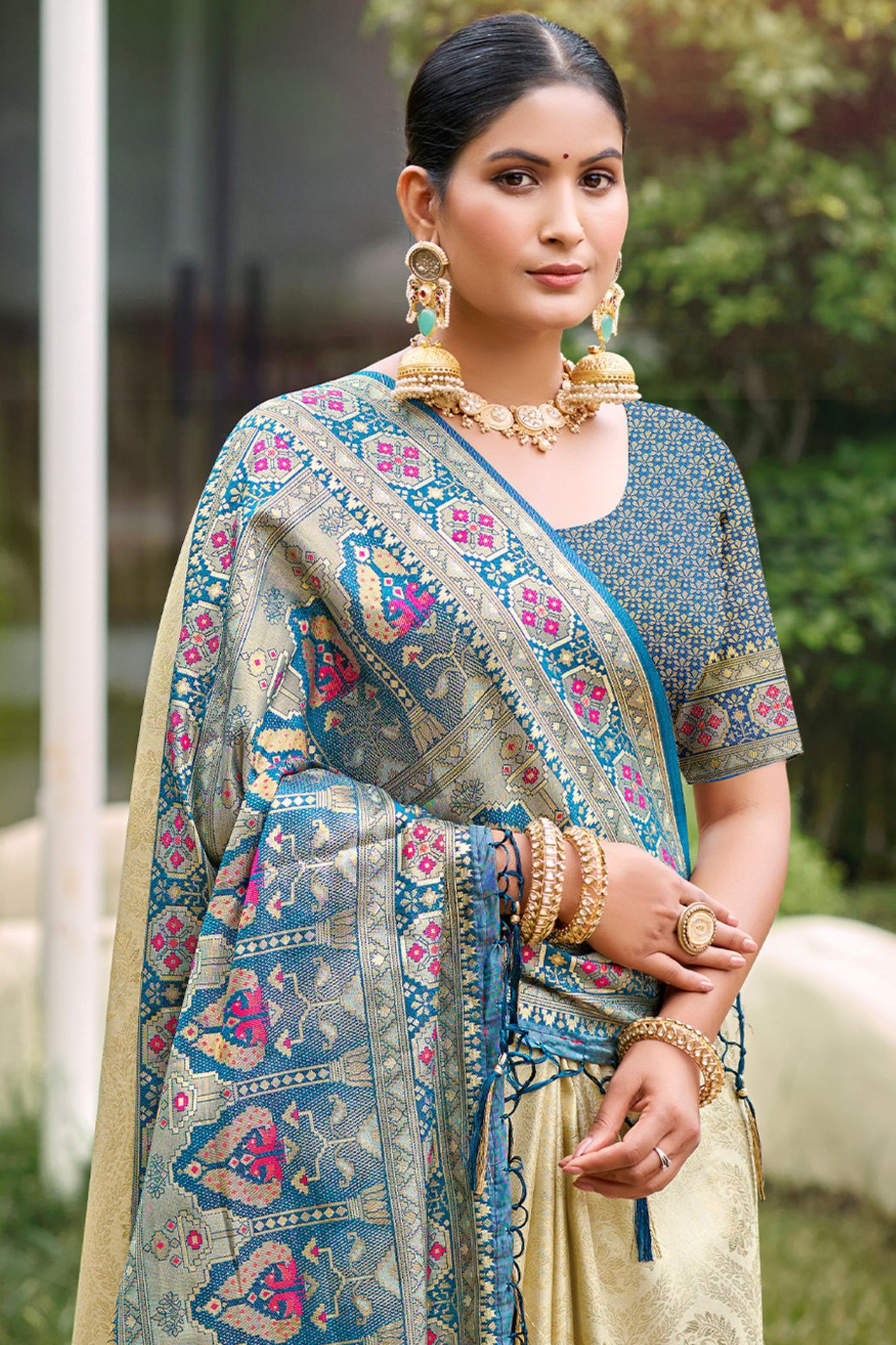 Golden Beige Silk Saree Royal Blue Banarasi Border Traditional Saree