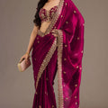 Wine Silk Saree with Heavy Zari Embroidered Border Designer Blouse