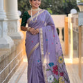 Lavender Linen Silk Saree with Multicolor Floral Print Woven Border